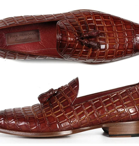 Paul Parkman Brown Crocodile Embossed Calfskin Tassel Loafer