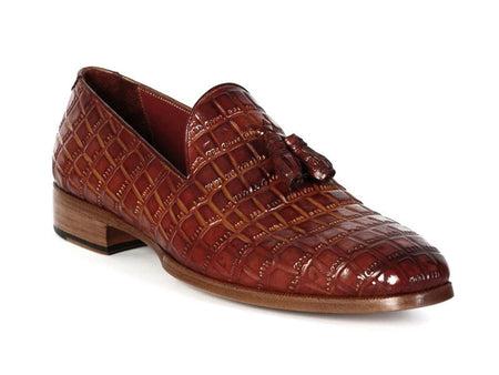 Paul Parkman Brown Crocodile Embossed Calfskin Tassel Loafer