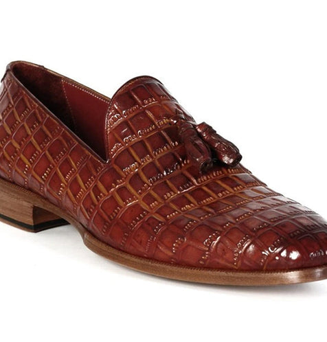 Paul Parkman Brown Crocodile Embossed Calfskin Tassel Loafer