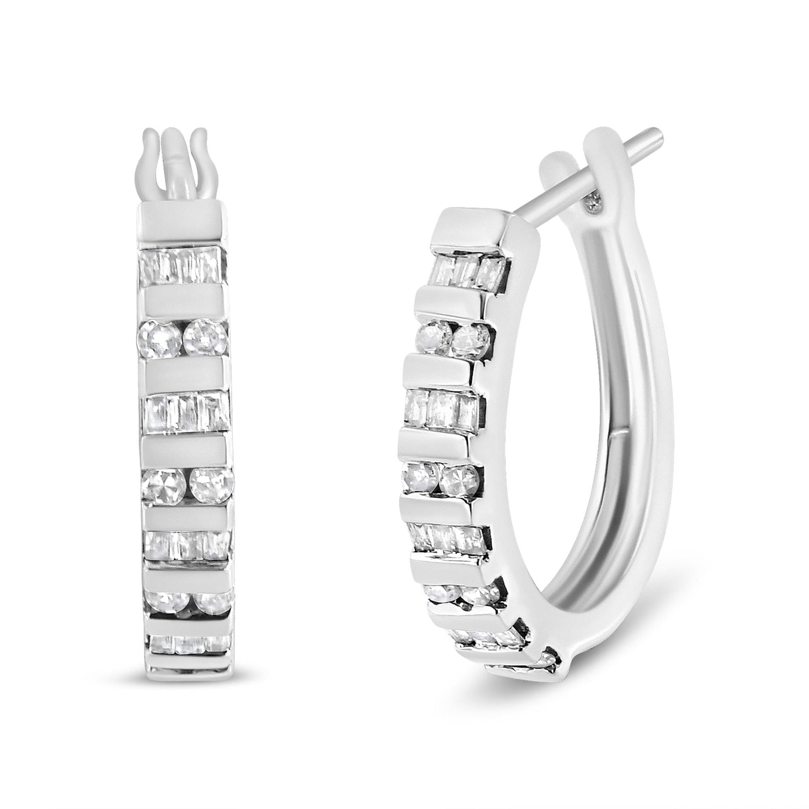 10K Gold Round and Baguette-Cut Diamond Hoop Earrings (I-J Color, I2-I