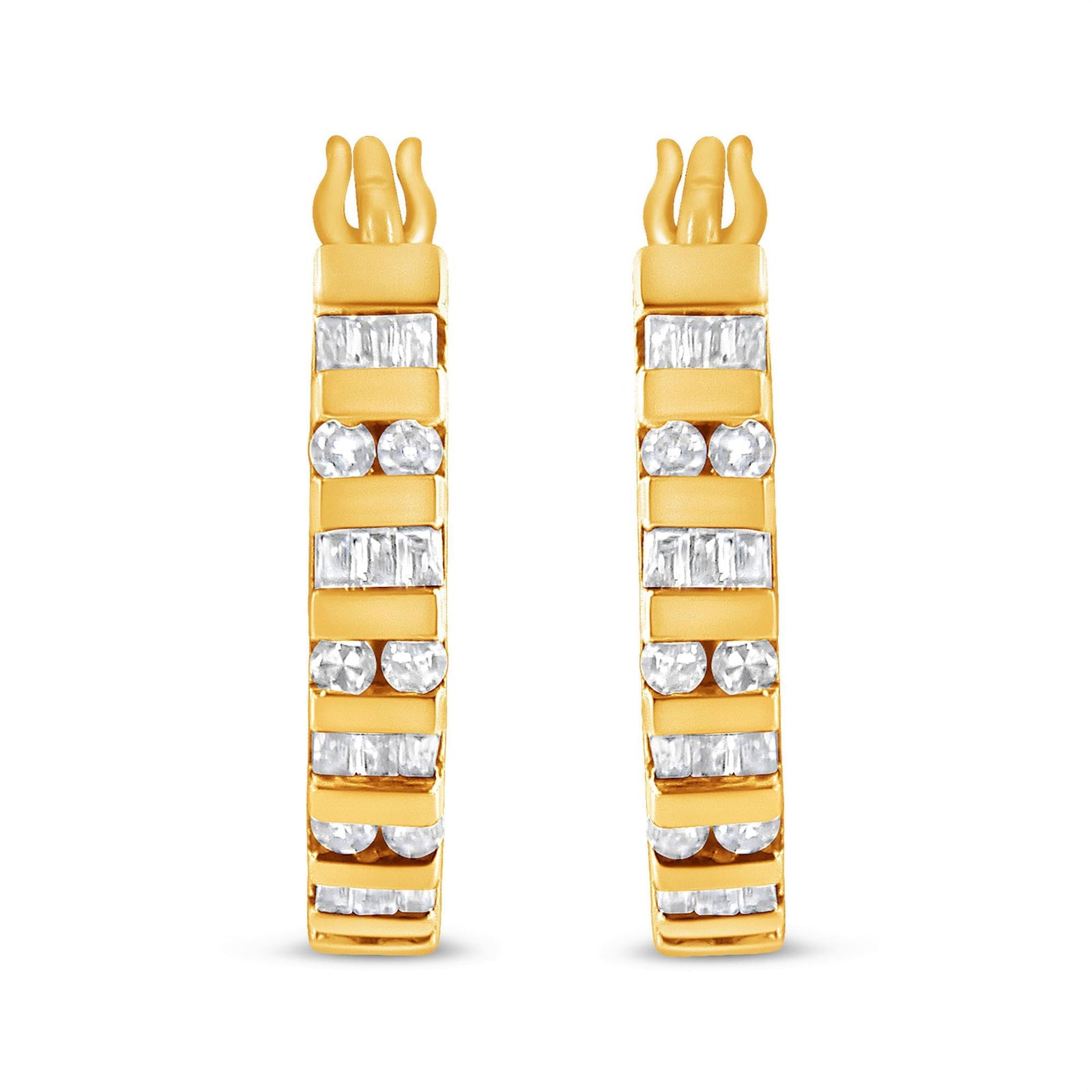 10K Gold Round and Baguette-Cut Diamond Hoop Earrings (I-J Color, I2-I