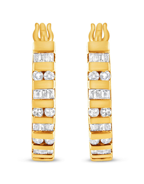 Load image into Gallery viewer, 10K Gold Round and Baguette-Cut Diamond Hoop Earrings (I-J Color, I2-I
