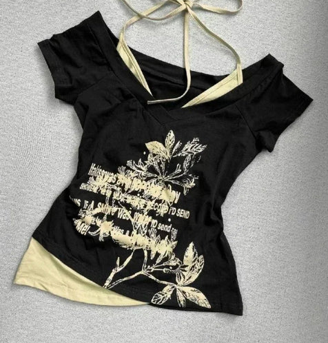 Arcadia USA Vintage Two Piece Halter Lace Up T-shirts