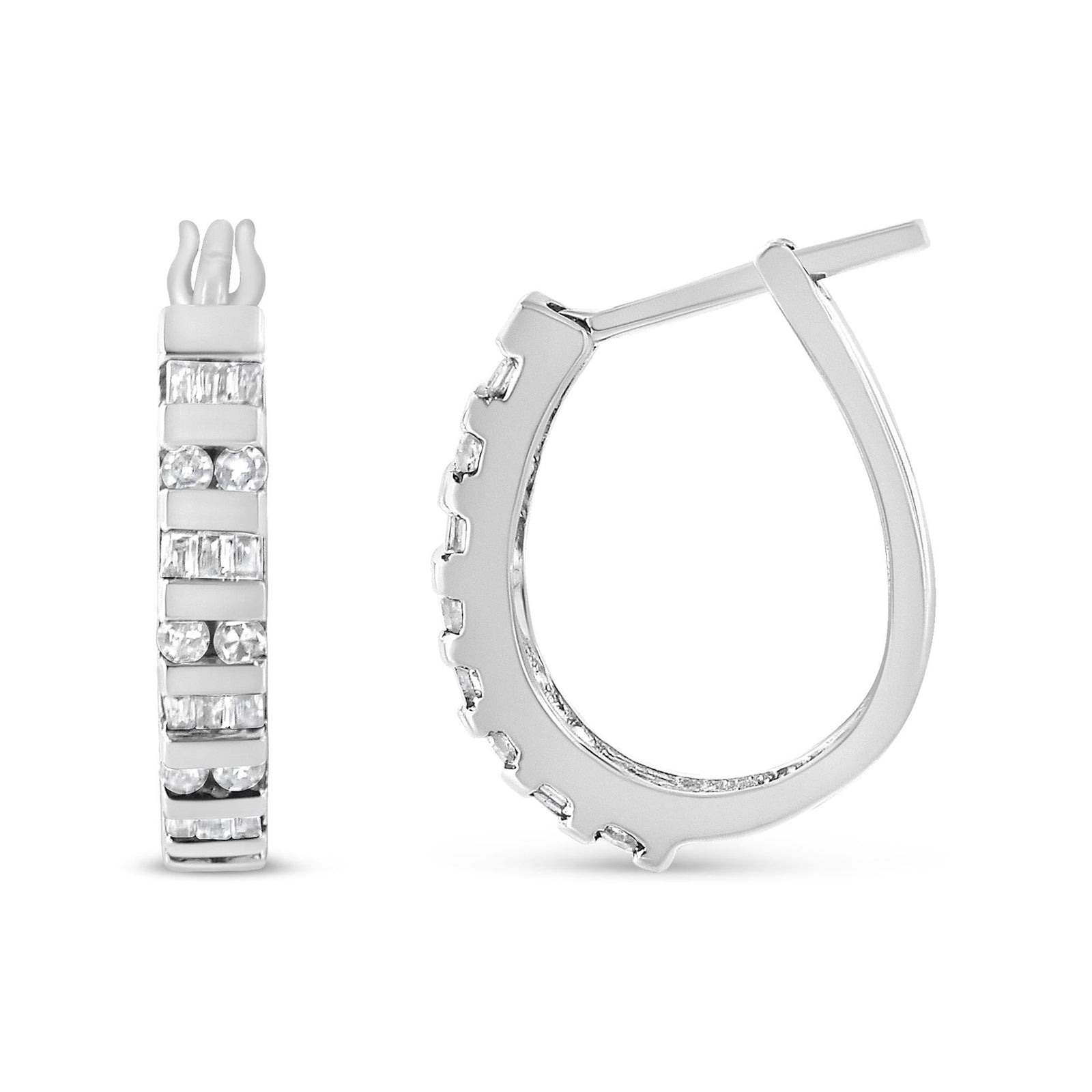 10K Gold Round and Baguette-Cut Diamond Hoop Earrings (I-J Color, I2-I