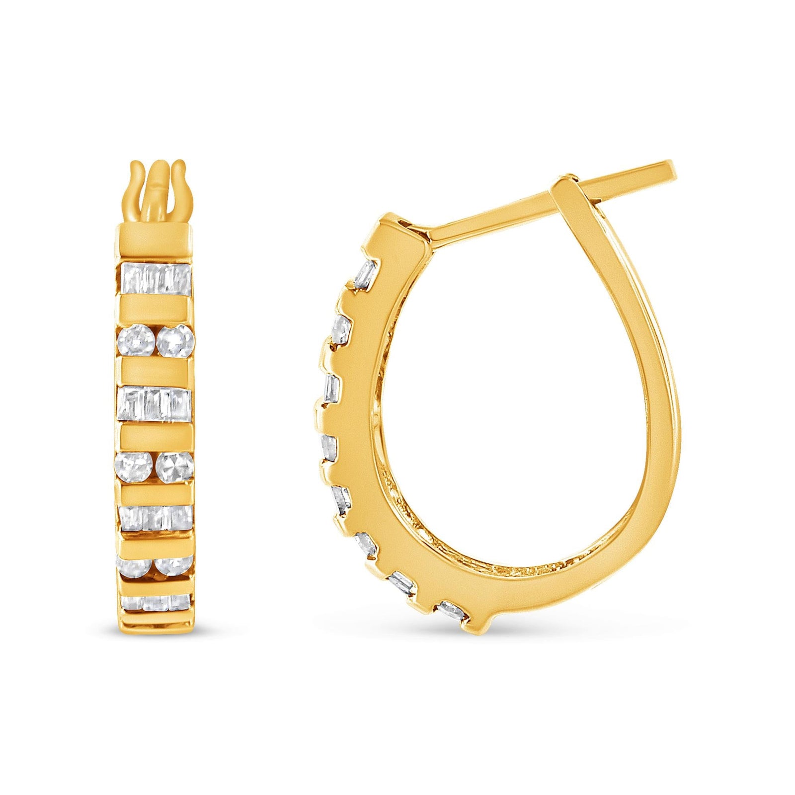 10K Gold Round and Baguette-Cut Diamond Hoop Earrings (I-J Color, I2-I