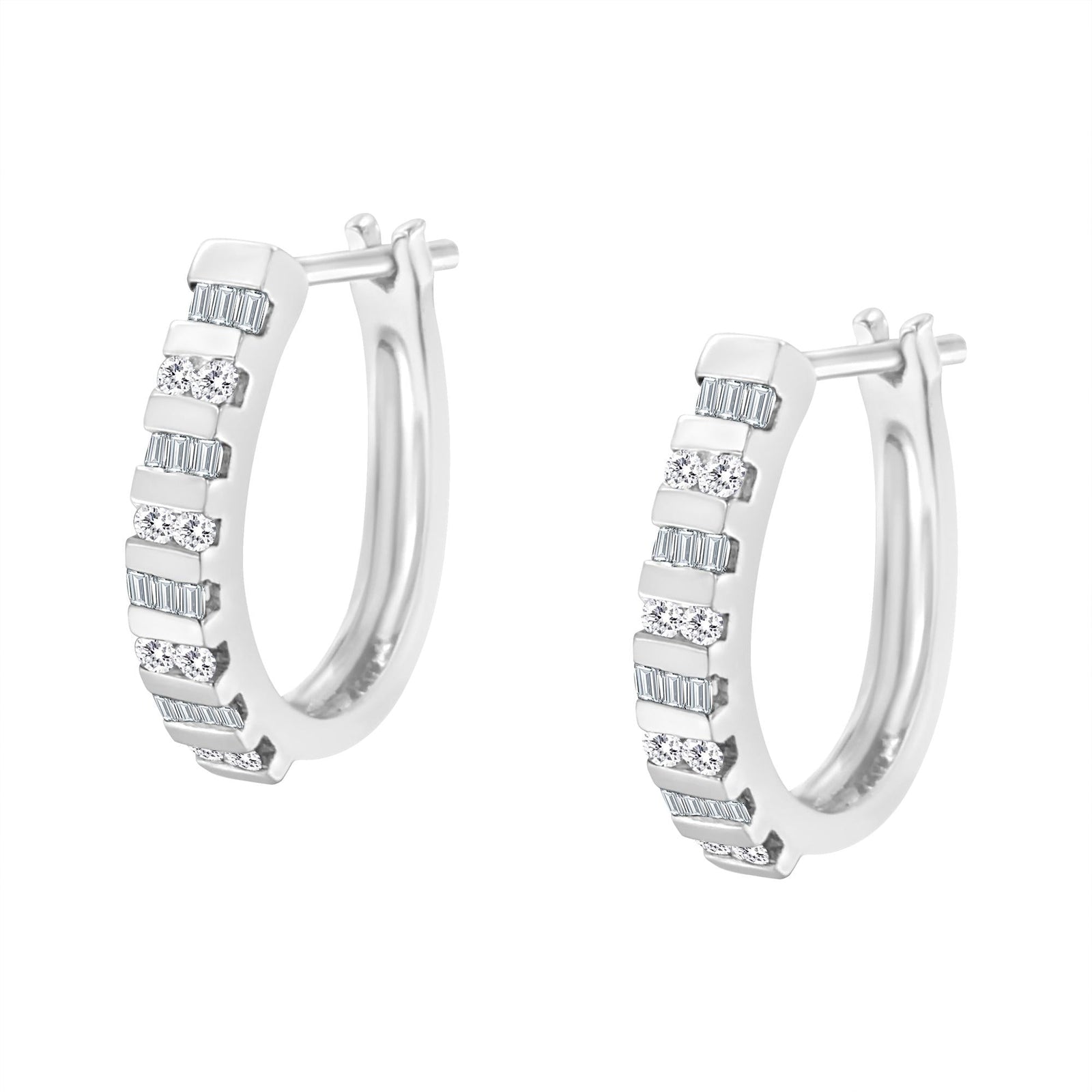 10K Gold Round and Baguette-Cut Diamond Hoop Earrings (I-J Color, I2-I