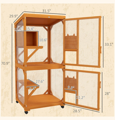 Cat Tree House with Scratching Post and Wheels