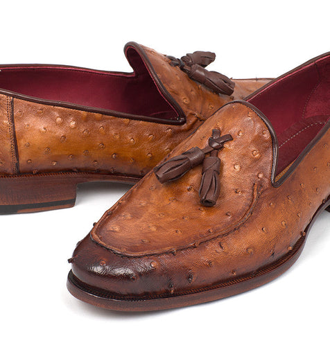 Paul Parkman Camel Brown Genuine Ostrich Tassel Loafers