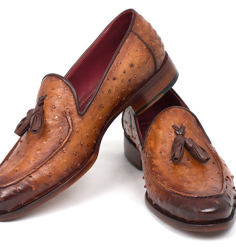 Paul Parkman Camel Brown Genuine Ostrich Tassel Loafers
