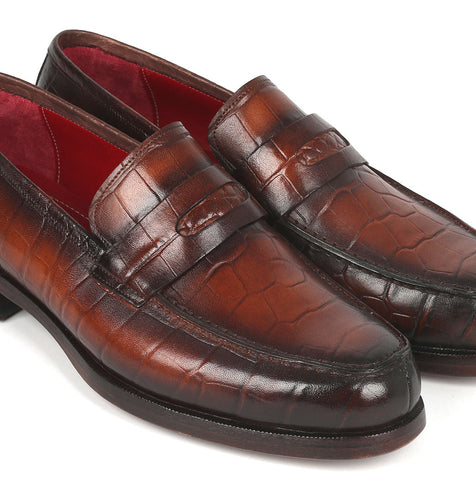Paul Parkman Brown Crocodile Embossed Calfskin Penny Loafers