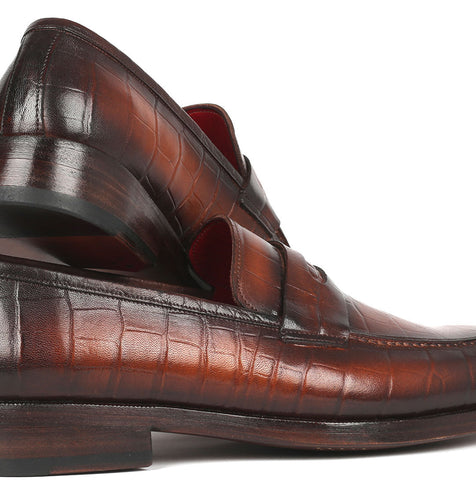 Paul Parkman Brown Crocodile Embossed Calfskin Penny Loafers