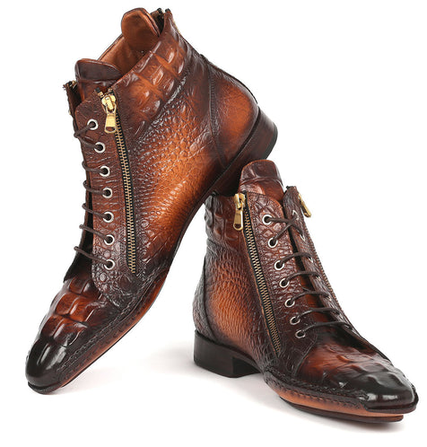 Paul Parkman Crocodile Textured Calfskin Handmade Zipper Boots