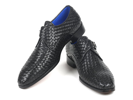 Paul Parkman Black Woven Leather Single Monkstraps