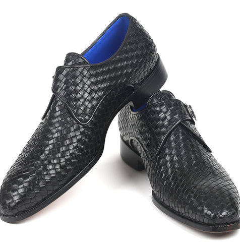Paul Parkman Black Woven Leather Single Monkstraps