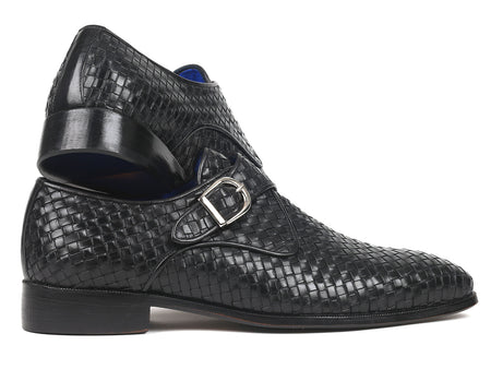 Paul Parkman Black Woven Leather Single Monkstraps