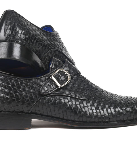 Paul Parkman Black Woven Leather Single Monkstraps