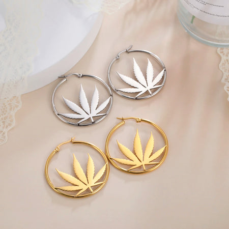Cazador Marijuana Maple Leaf Hoop Earrings for Women Stainless Steel