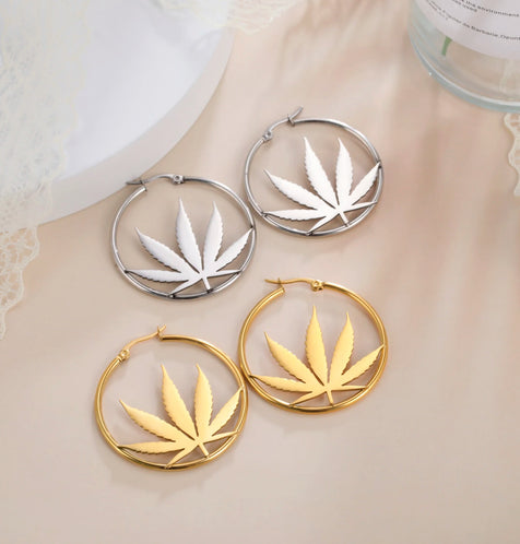Cazador Marijuana Maple Leaf Hoop Earrings for Women Stainless Steel