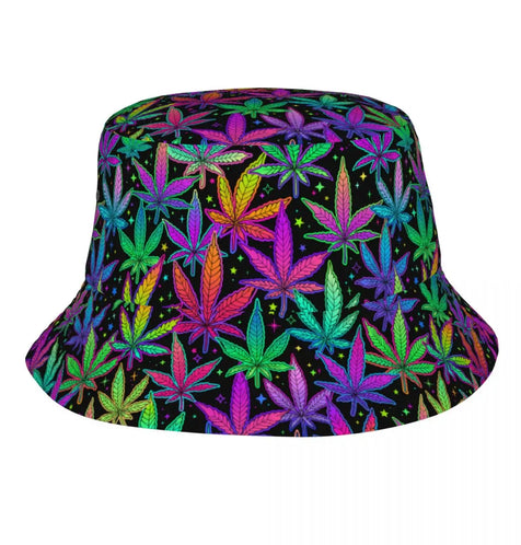 Weed Rainbow Plant Leaves Cannabis Bob Hat Marijuana Neon Field