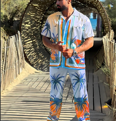 Arcadia Miami Style Men's Lapel Print Casual Pants Set