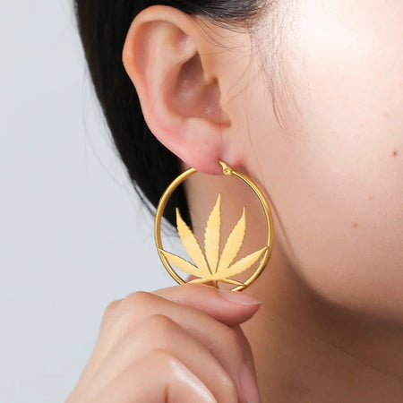 Cazador Marijuana Maple Leaf Hoop Earrings for Women Stainless Steel
