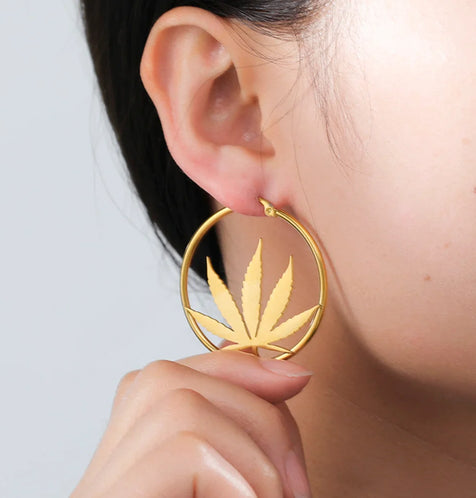 Cazador Marijuana Maple Leaf Hoop Earrings for Women Stainless Steel