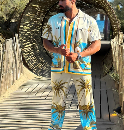 Arcadia Miami Style Men's Lapel Print Casual Pants Set