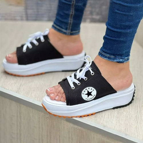 Load image into Gallery viewer, Casual Canvas Thick-soled Lace-up Women&#39;s Sandals Slippers
