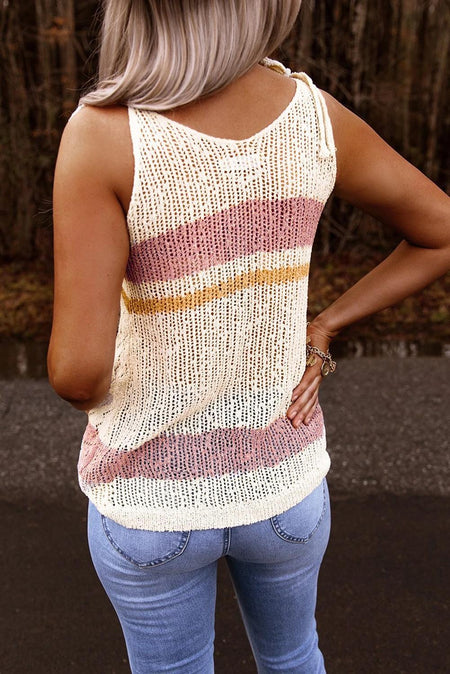 Arcadia Summer White Striped Colorblock Textured Knit Tank Top
