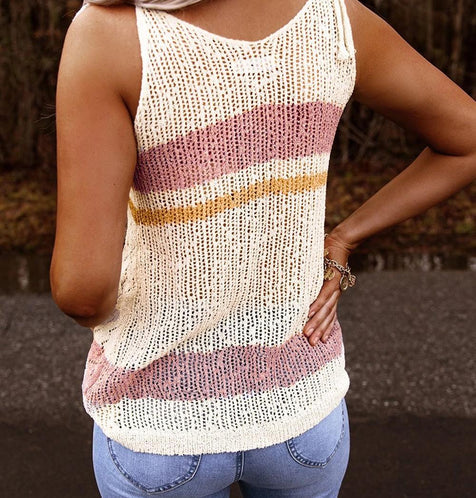 Arcadia Summer White Striped Colorblock Textured Knit Tank Top