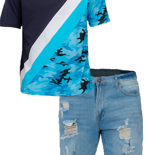 Camo Color Blu Block and Denim Short Set