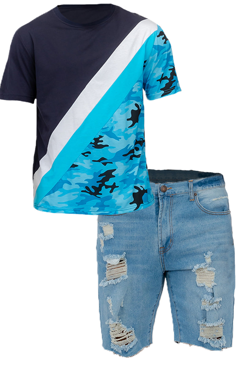 Camo Color Blu Block and Denim Short Set