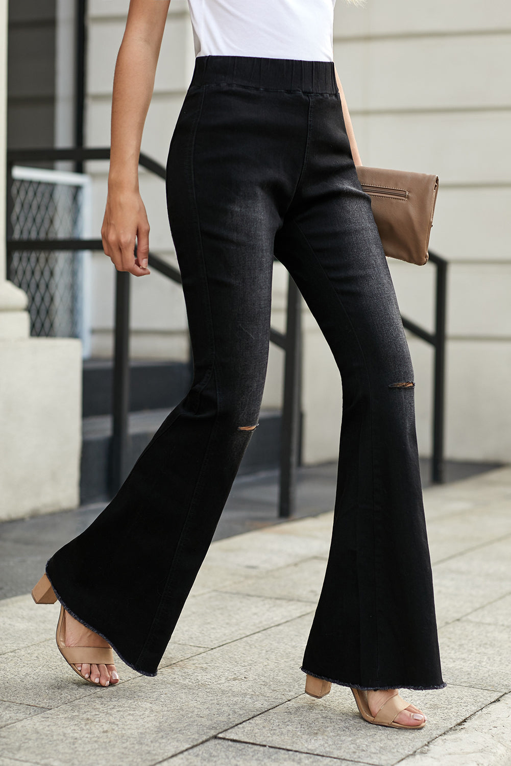 Arcadia Designer Black Distressed Ripped Bell Bottoms