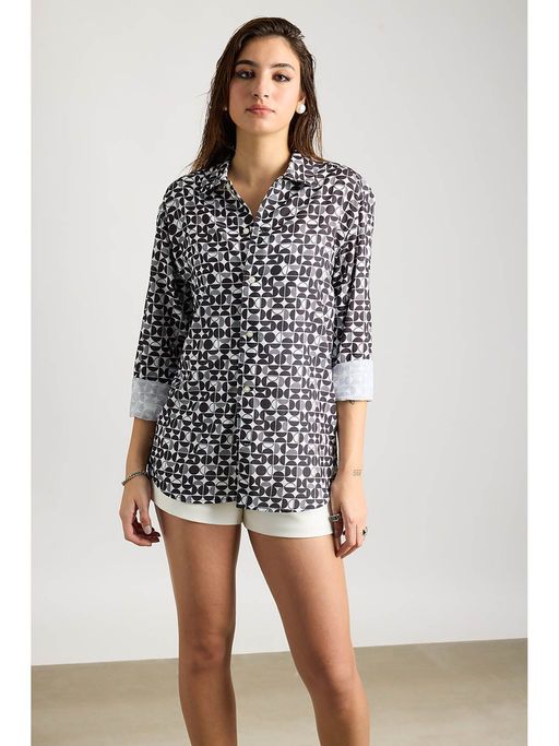 Full Sleeves Blocks Printed Women Shirt (Size-L) (Color-BLACK)