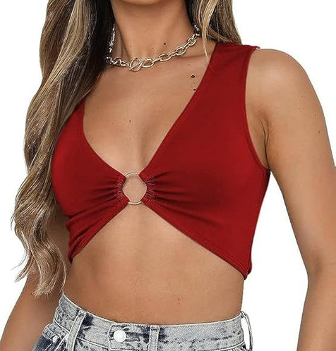 Arcadia Imported Women's Crop Top Sleeveless Deep V Neck Workout Top Plunge