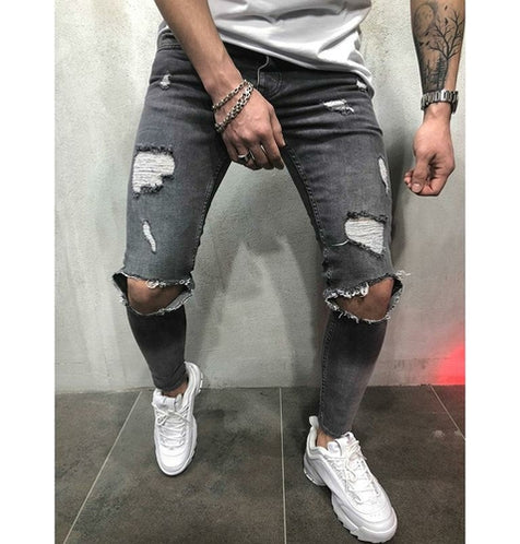Designer Black Distressed Ripped Biker Jeans Slim Fit Stretch