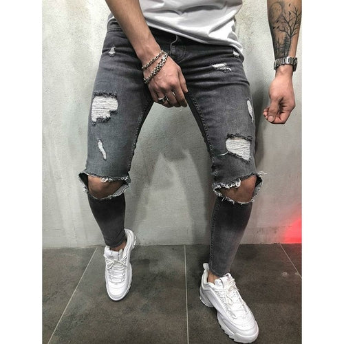 Designer Black Distressed Ripped Biker Jeans Slim Fit Stretch