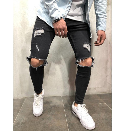 Designer Black Distressed Ripped Biker Jeans Slim Fit Stretch
