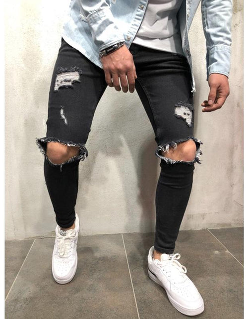 Load image into Gallery viewer, Designer Black Distressed Ripped Biker Jeans Slim Fit Stretch
