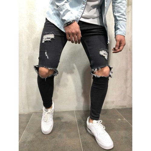 Designer Black Distressed Ripped Biker Jeans Slim Fit Stretch