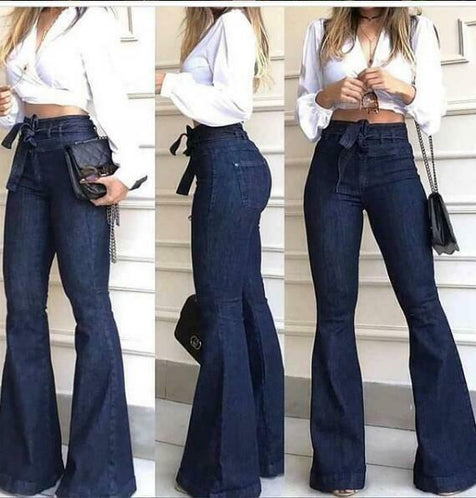 Arcadia Women's Stretchy Denim Trousers High Waist Pockets Bell